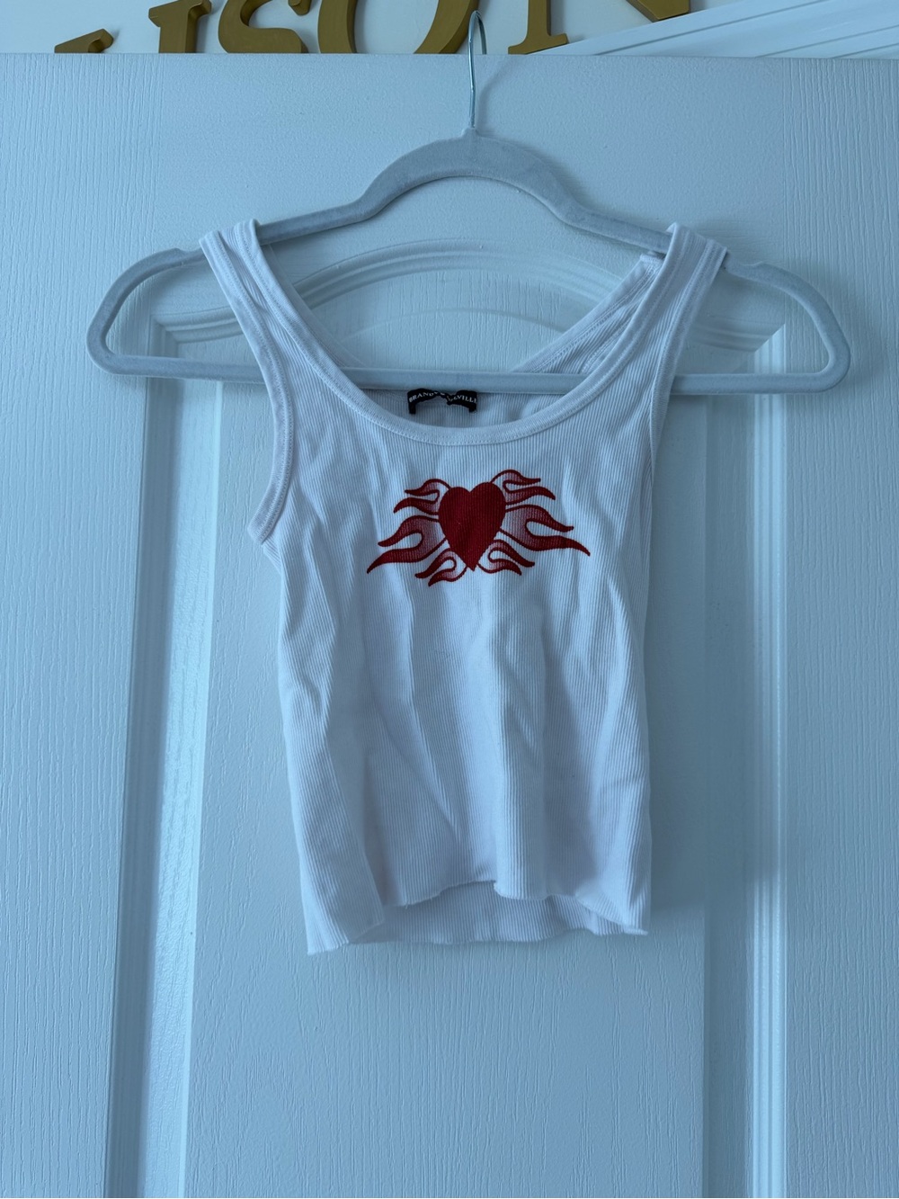 Brandy Melville White Ribbed Flame Heart Tank